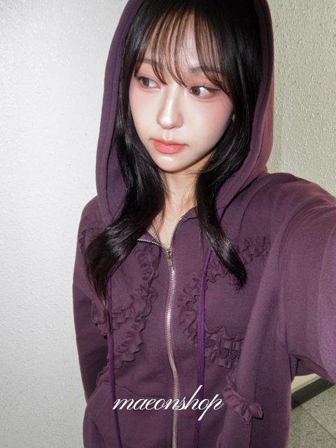 [이지웨어/포도후드] 멜린 리본 프릴 후드 집업 (루즈핏후드집업-오버핏후드집업-리본후드집업-프릴후드집업-포인트후드집업-러블리후드집업-퍼플후드집업-긴팔후드집업-긴소매후드집업)