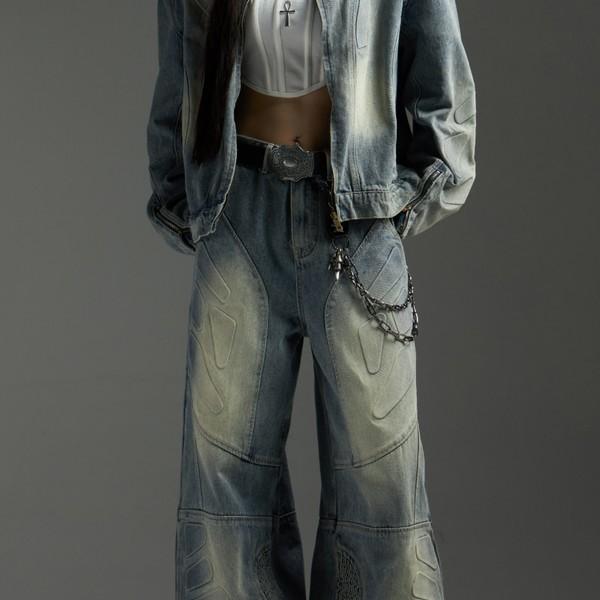 Watcher 3D Stitching Stripe Layered Denim pants