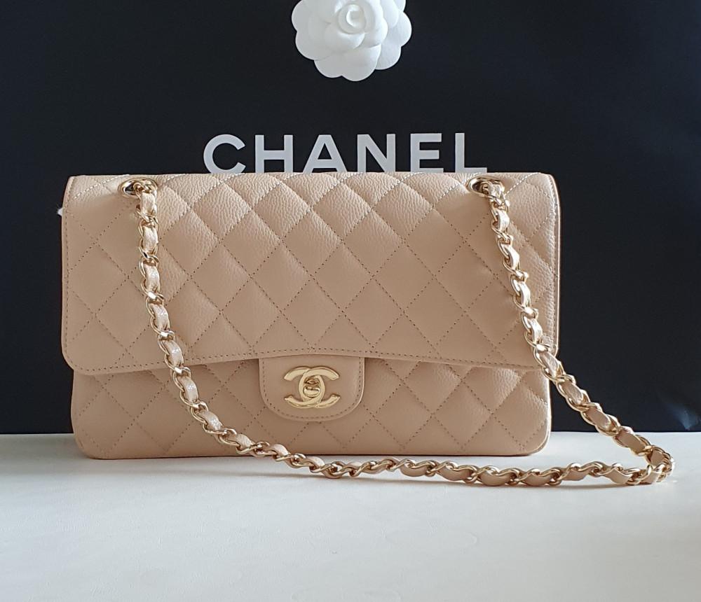 샤넬 클래식 미듐 베이지 캐비어 샴페인골드 금장 플랩백 클미 예물백 A01112 선물포장