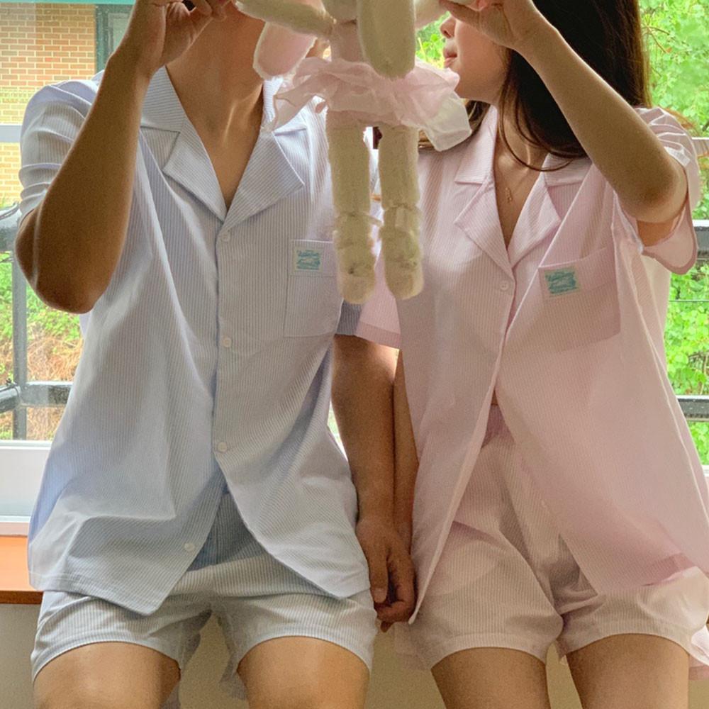 [made] 슬로스 잠옷 커플 스트라이프 반팔 반바지 세트 빈티지 홈웨어 파자마