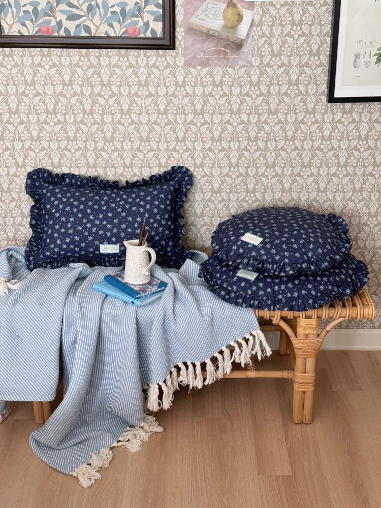 네이비 피타 플라워 프릴 쿠션 시리즈 꽃무늬 80수 고밀도 등받이 아기베개 반려견