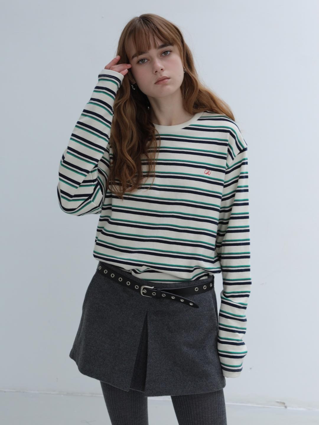 MULTI-STRIPE EMBROIDERED LONG SLEEVE T-SHIRT
