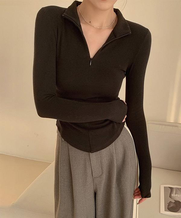 체퍼 캐주얼 넥지퍼 슬림핏 데일리 긴팔탑 (블랙)