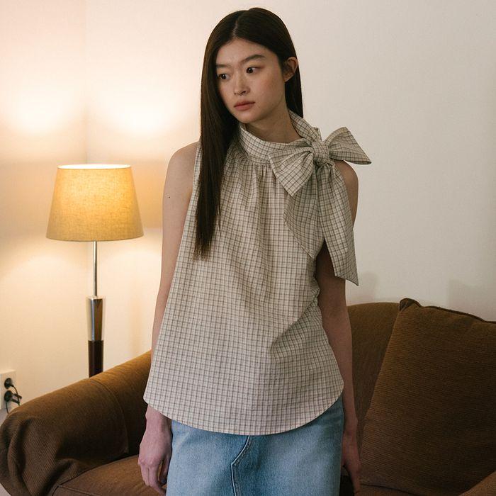 [29CM 단독]경리님 착용(5차_)High-neck ribbon sleeveless blouse_ check