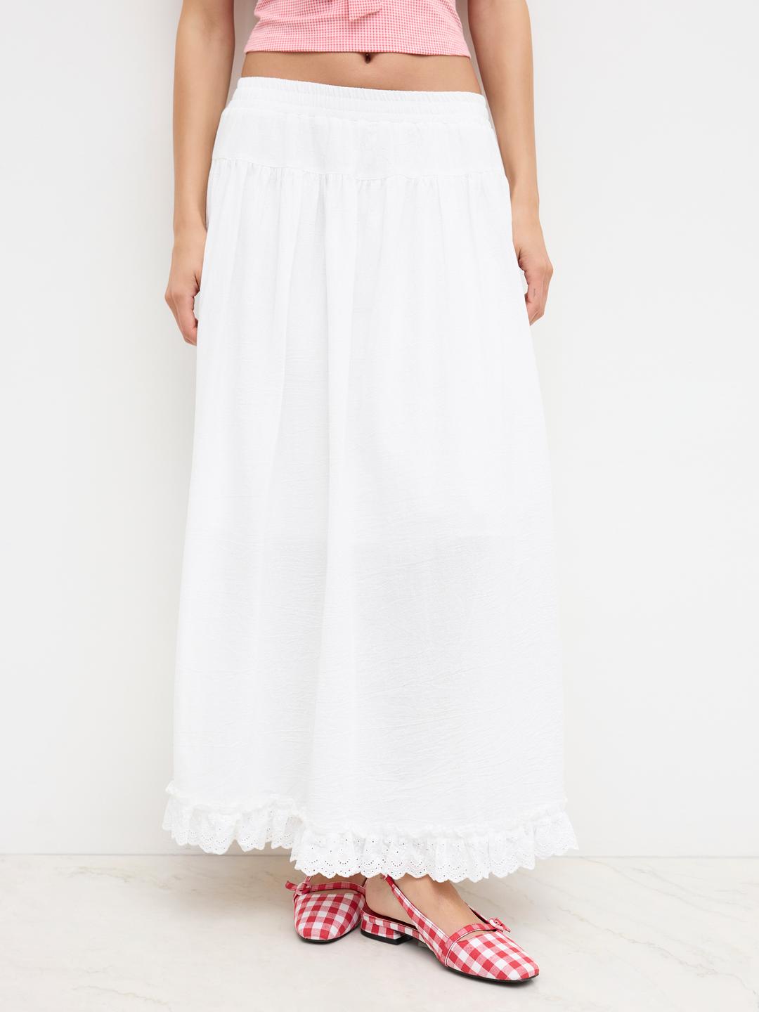 Cotton Mid Rise Elastic Waist Broderie Anglaise Trim Maxi Skirt