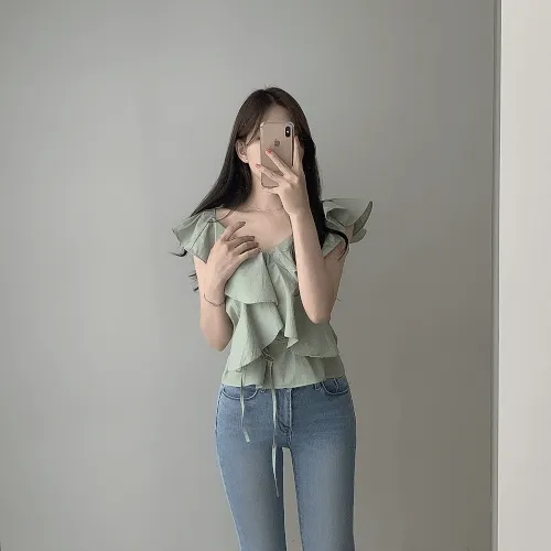 러플 프릴 오프숄더 민소매 브이넥 나시 블라우스 4color