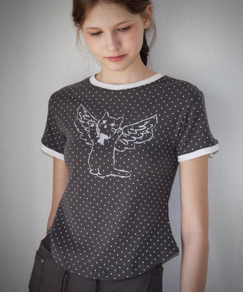 Angel Cat Dot Ringer T-shirt Charcoal grey