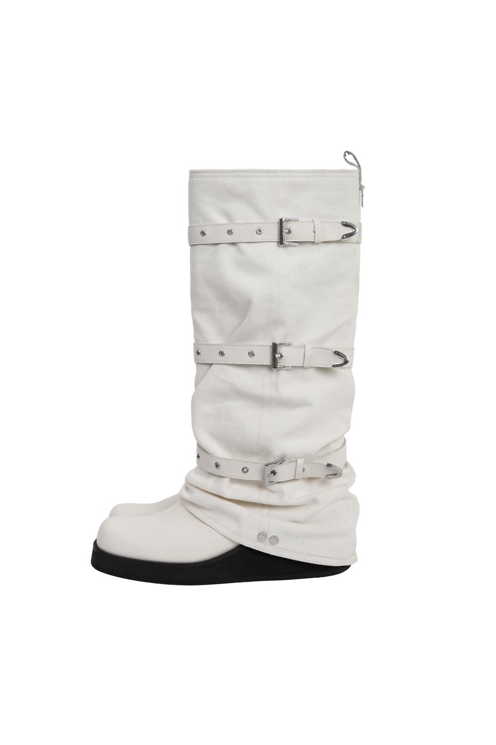 Bold Wrinkled Belted Long Boots [ White ]