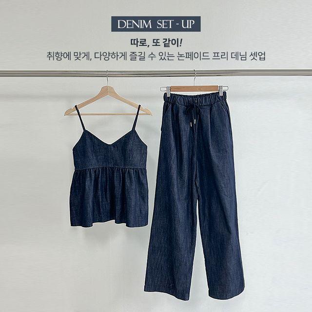 [깜짝세일!단품,세트가능] 여름 러블리 브이넥 캉캉 뷔스티에 난스판 생지 데님 팬츠 셋업 세트 투피스/논페이드프리데님셋업