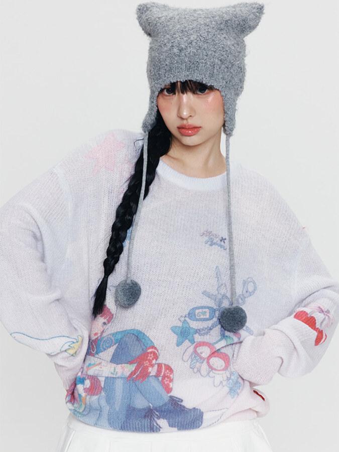 키르시 X 피투 올오버 그래픽 루즈핏 헤어리 니트 [다크 블루]