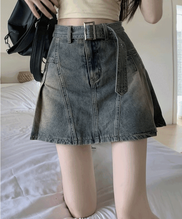 [키치템!/빈티지] 반전 플리츠 핀턱 워싱 벨트 데님 미니 스커트