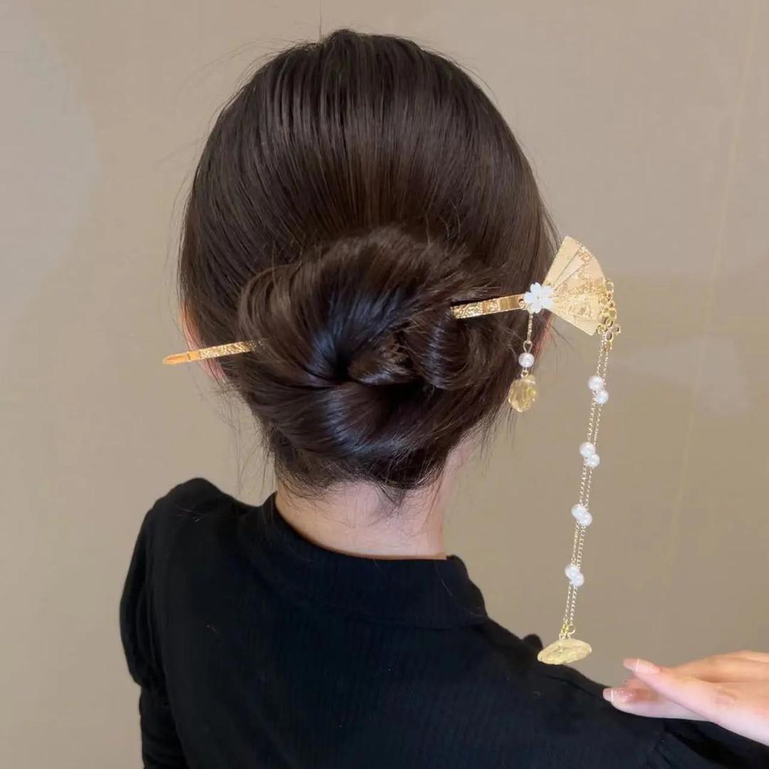 New Chinese style folding fan tassel hairpin