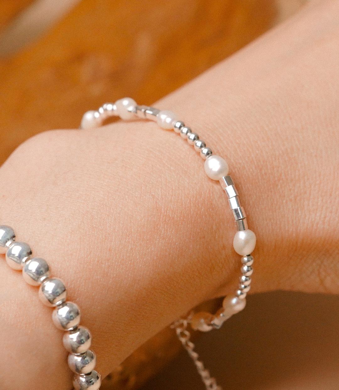 [925실버/무배] 토링 은볼 사각파이프 믹스 담수진주 체인 팔찌