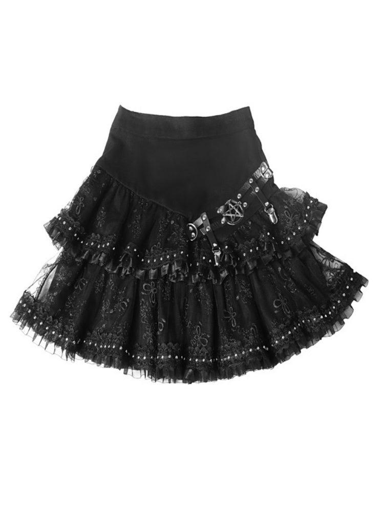 Punk Metal Buckle Leather Belt Ruffle Tiered Mini-Skirt【s0000000773】