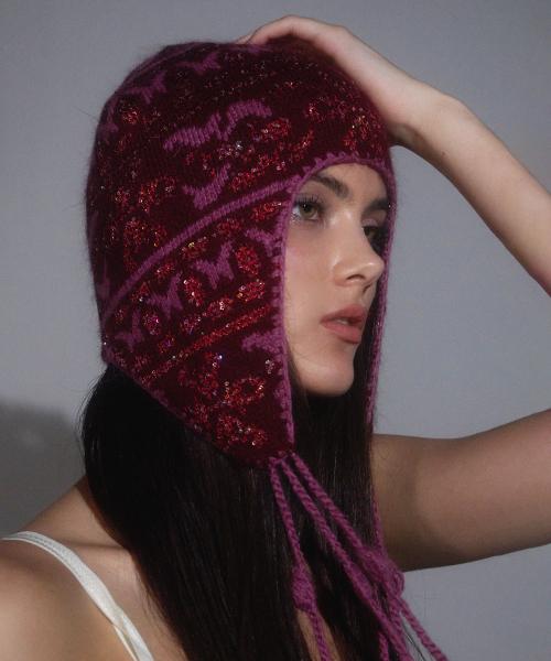 Sequin Nordic Earflap Beanie Deep Purple