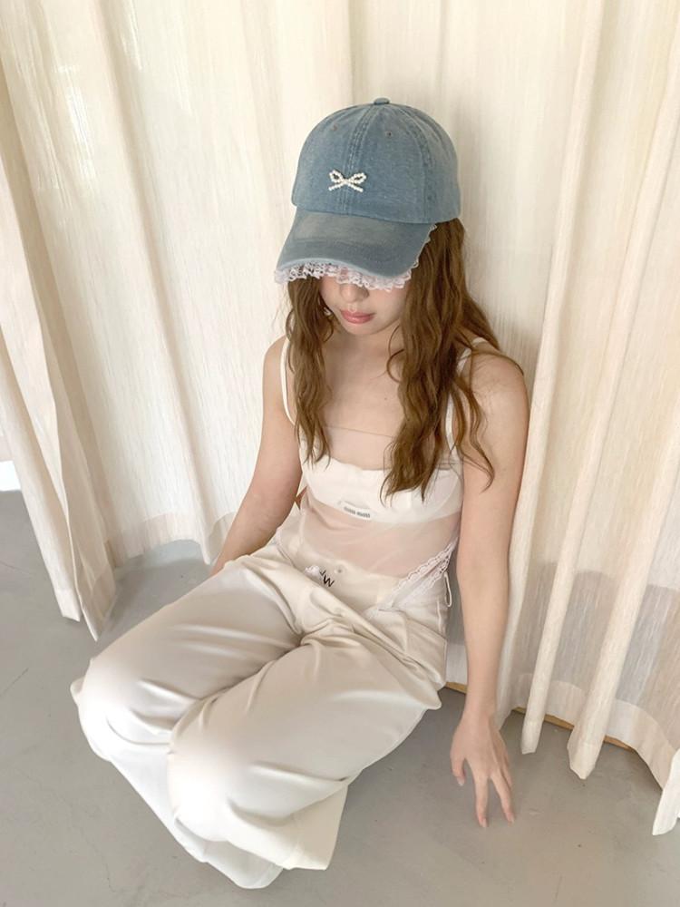 Ribbon denim 모자 데님 캡모자 레이스 발레코어