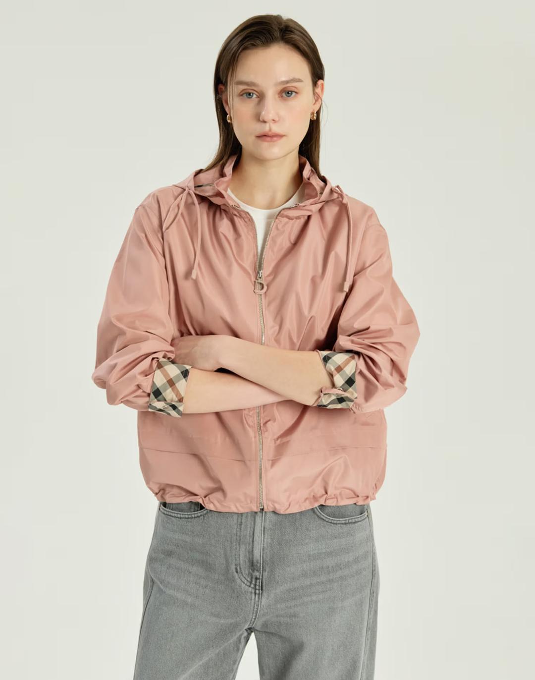 라이트핑크 하우스체크 배색 캐쥬얼 숏 점퍼