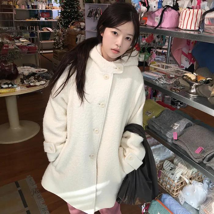 BOUCLE HOODED HALF COAT_IVORY