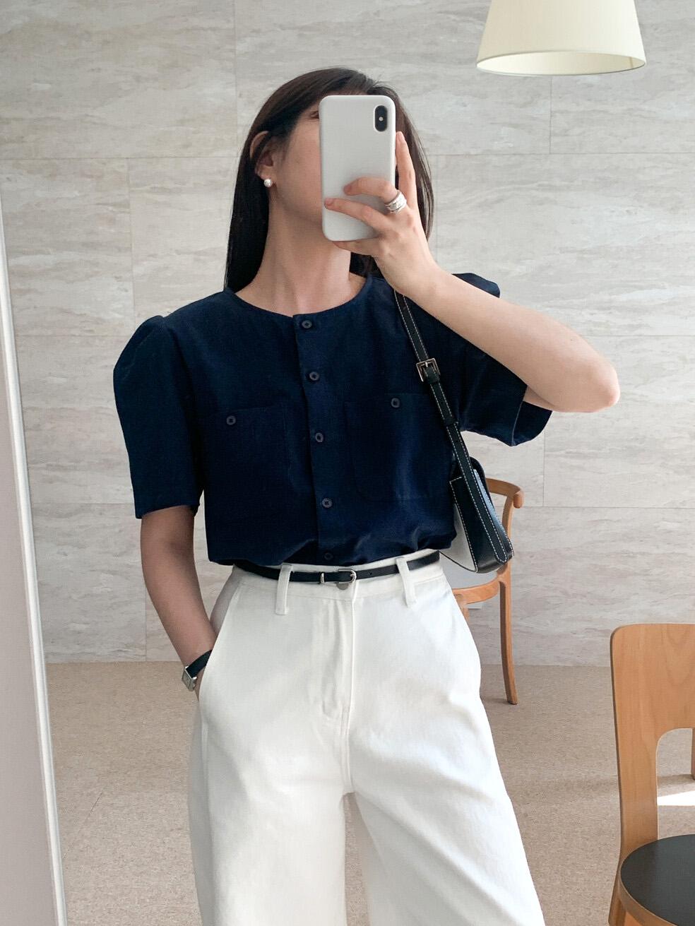 투포켓 퍼프 반팔블라우스