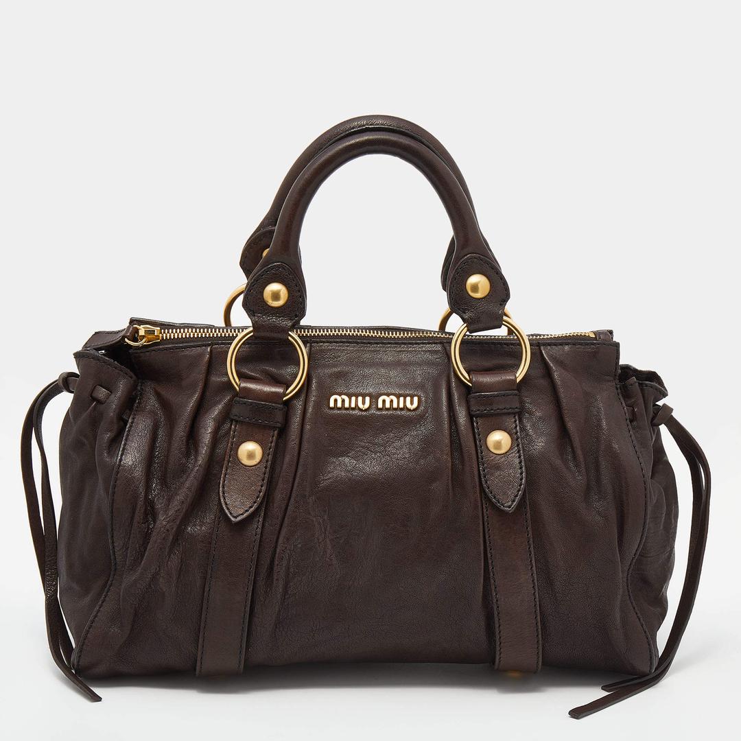 Miu Miu Dark Brown Vitello Lux Leather Bow Tote