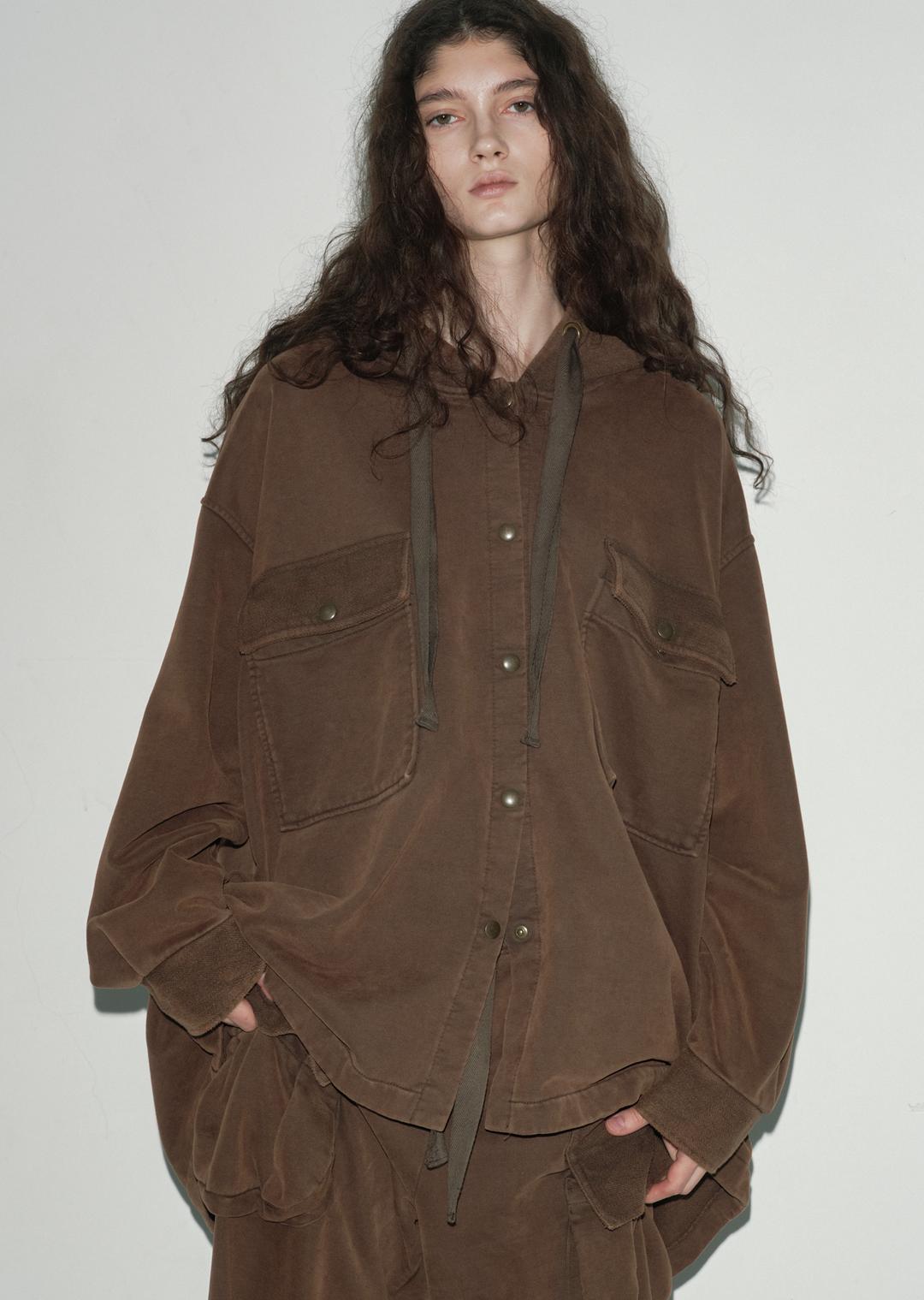 FADED JERSEY HOODIE SHIRT BROWN