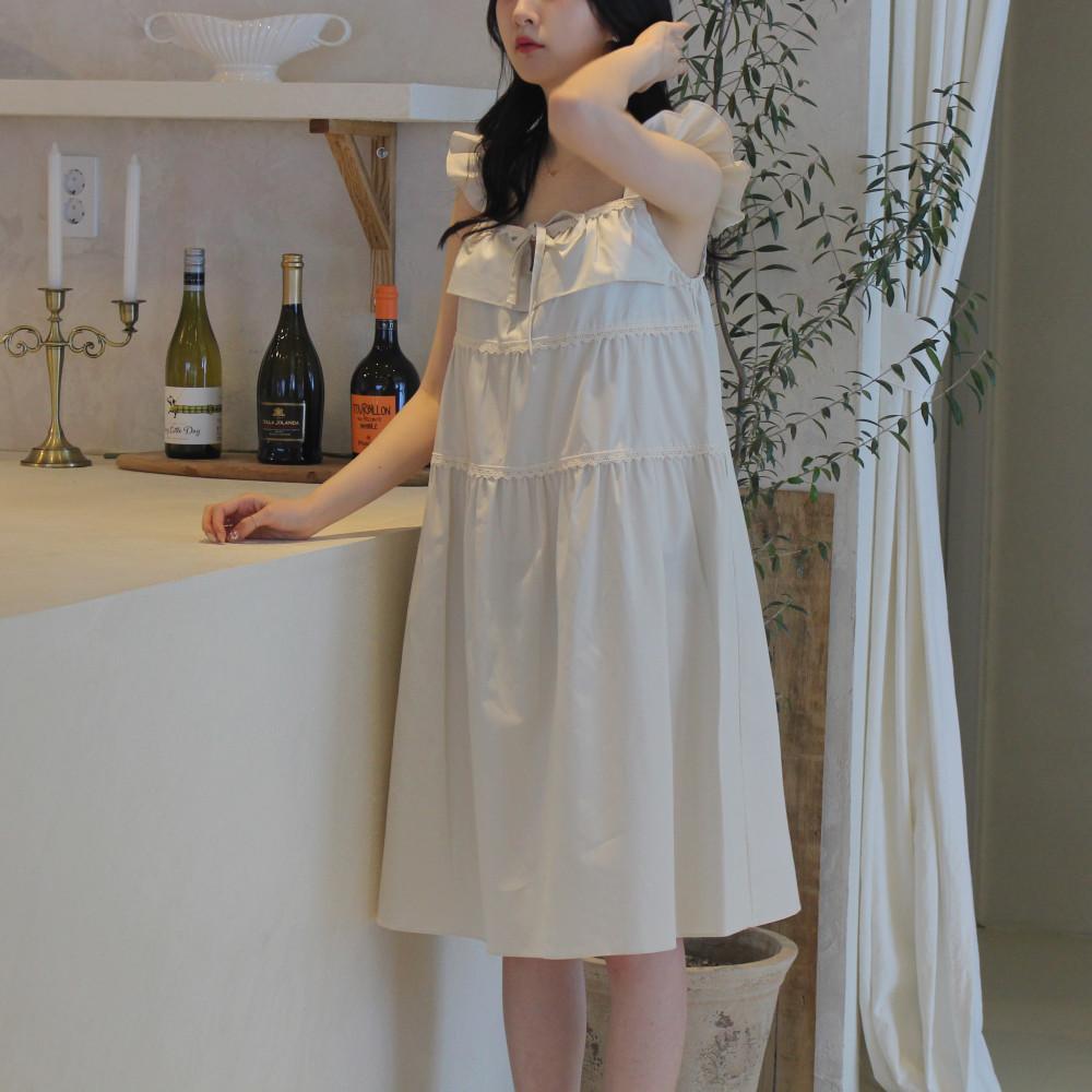 천연염색 저자극 여름 민소매 레이스 프릴 원피스 공주 잠옷 홈웨어 (황토, 머드)