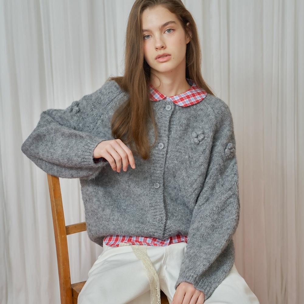 HANDMADE FLOWER CABLE PUFF KNIT CARDIGAN GREY