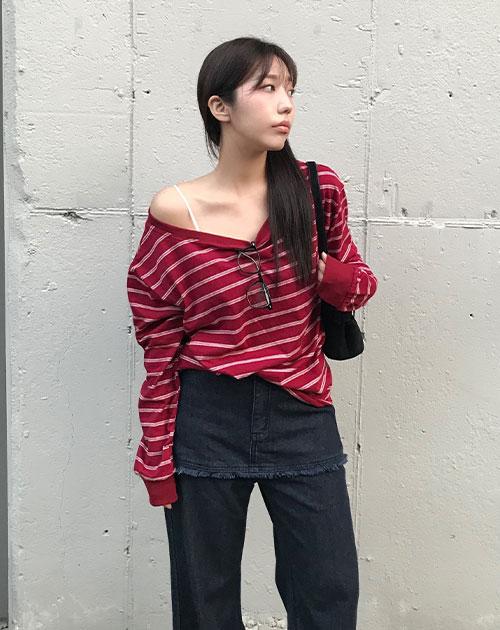 시에 스트라이프 오프숄더 티셔츠