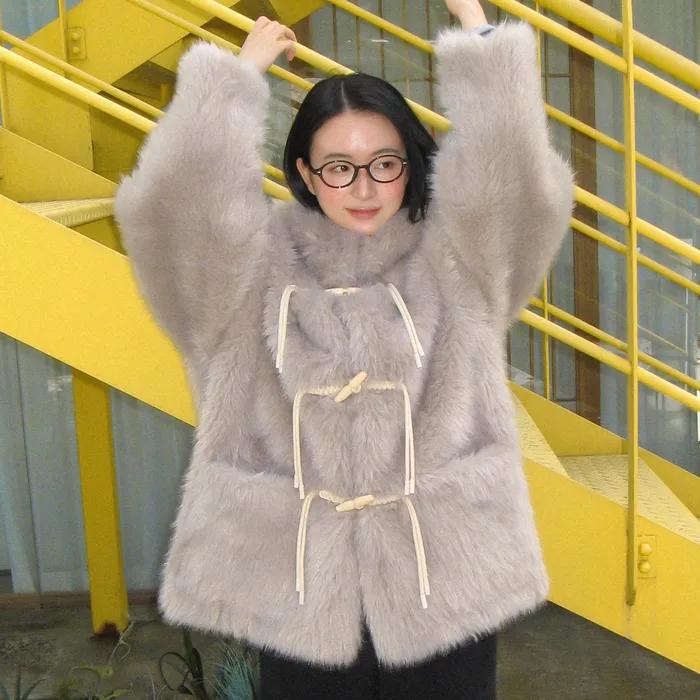 FUR TOGGLE HOODED JACKET MISTY TAUPE