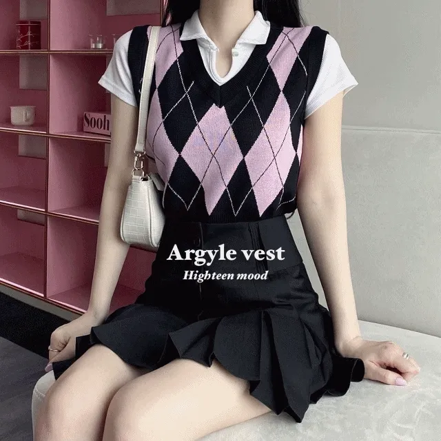 [하이틴룩!][4color!] 아가일 패턴 핑크 블랙 그레이 블루 브라운 아이보리 하이틴 러블리 힙 스쿨룩 니트 조끼 베스트