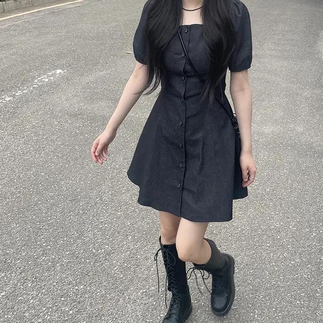(반팔ver) 흑청 데님 스퀘어넥 퍼프 버튼 플레어 미니 원피스