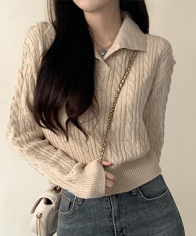 [날씬핏/1+1할인] 허리잘록~ 데일리 꽈배기 크롭 카라 긴팔 니트 5color