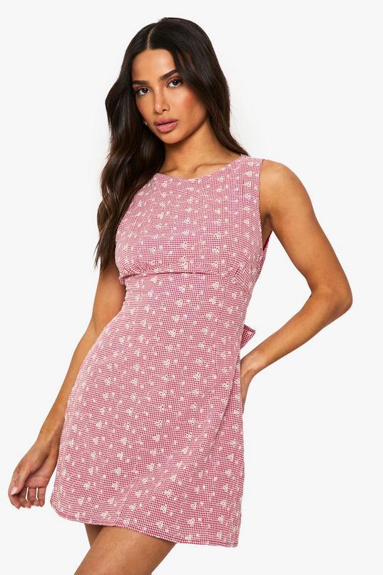 Petite Embroidered Gingham Tie Back Shift Dress