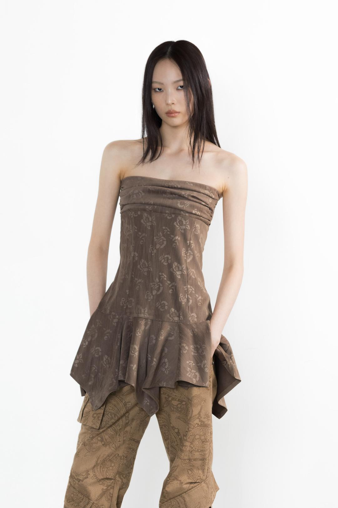 FLOWER TUBE TOP MINI DRESS BROWN