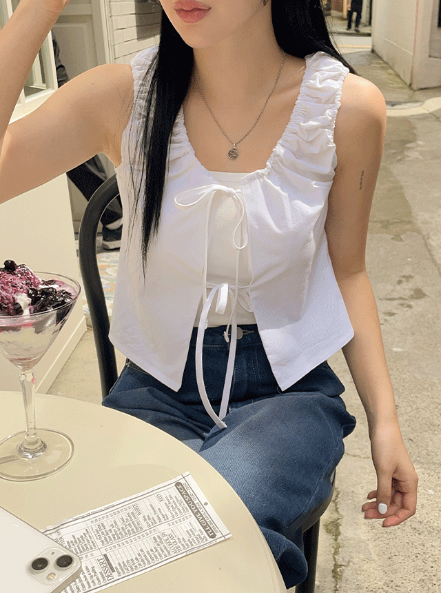 솔티 리본 셔링 나시 블라우스 - 2colod