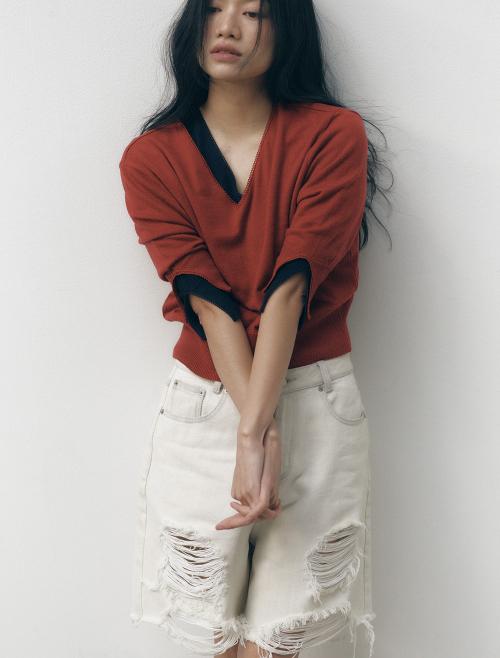 LACE SLIT KNIT TOP [BRICK]