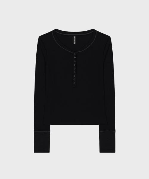 MIX POINT LONG SLEEVE BUTTON T-SHIRT-BLACK