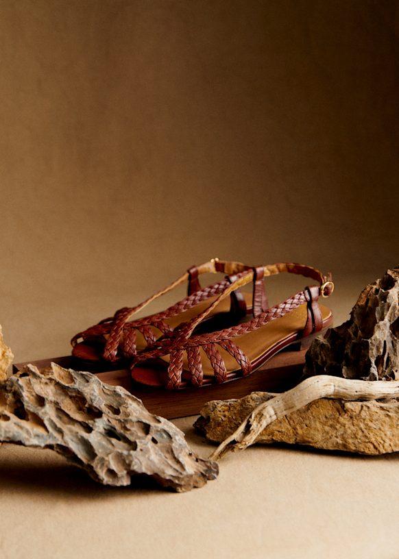 Natacha Low Sandals - Woven Brown - Vegetable-tanned smooth cowhide leather - Sézane