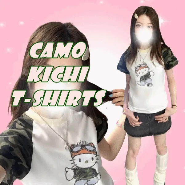 💚CAMO키치💚큐빅 버드소매 팔뚝커버 팔얇아보이는 Y2K 키치 핀터무드 반팔 카고 카모 여름 썸머 반팔티 기본티 데일리티셔츠