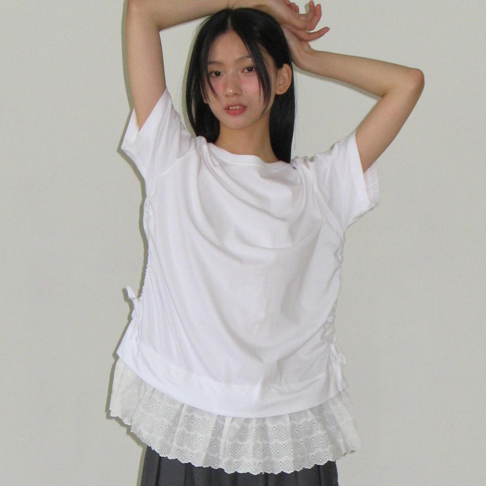 TORCHON LACE SHIRRING LAYERED LONG T SHIRT WHITE