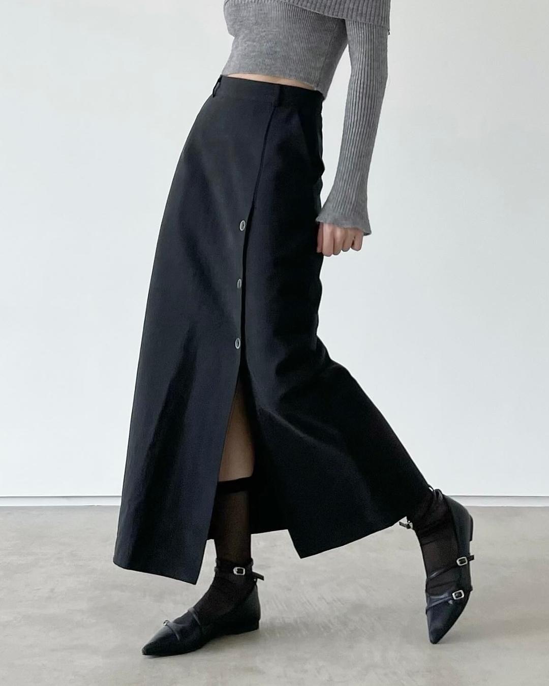 피센트 버튼 트임 롱 스커트 [2co]
