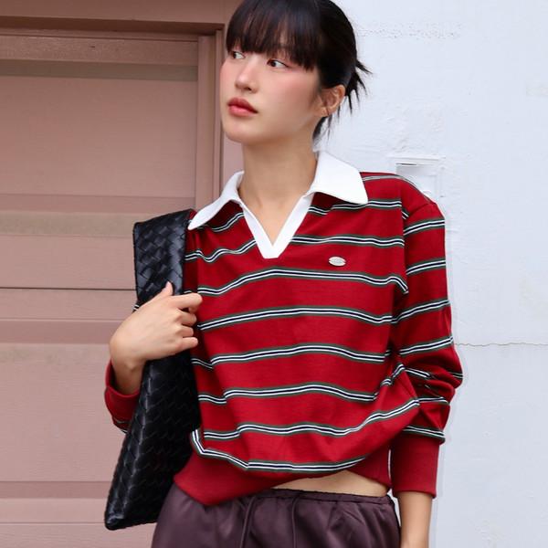 [10/24 예약배송] Stripe Logo Collar Sweatshirt - Burgundy