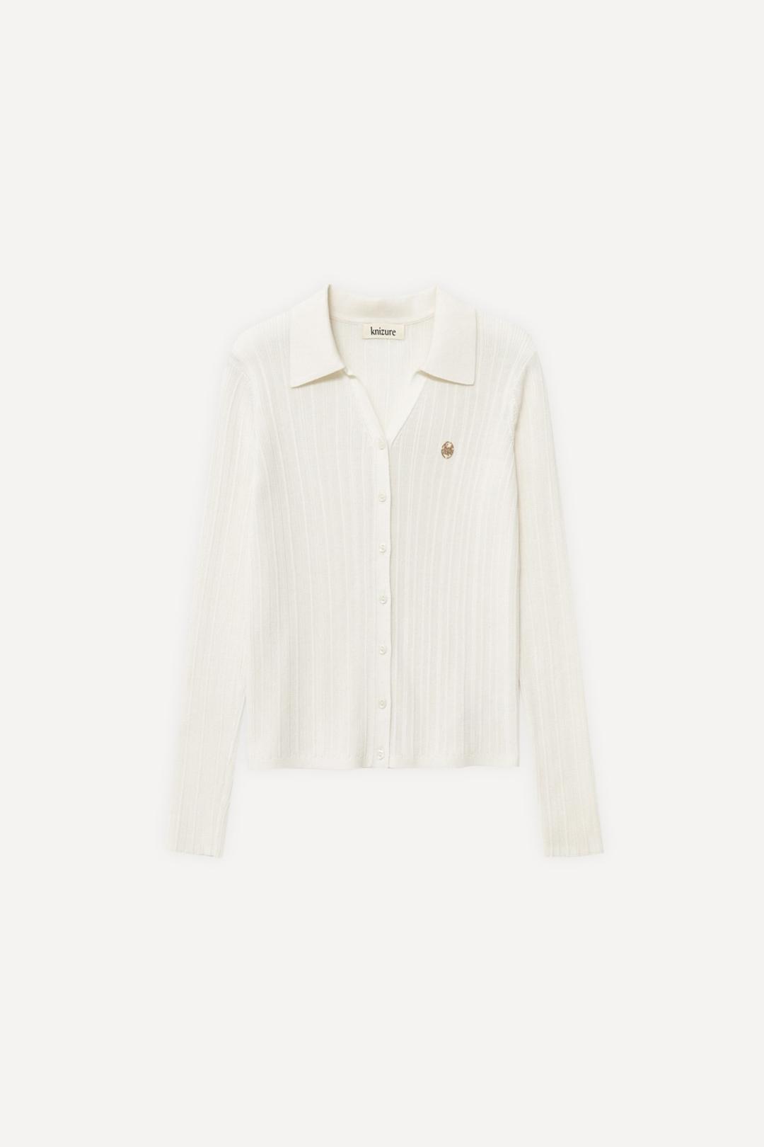 [실크 블렌드] 립브 슬림 카라 니트 가디건_Ivory