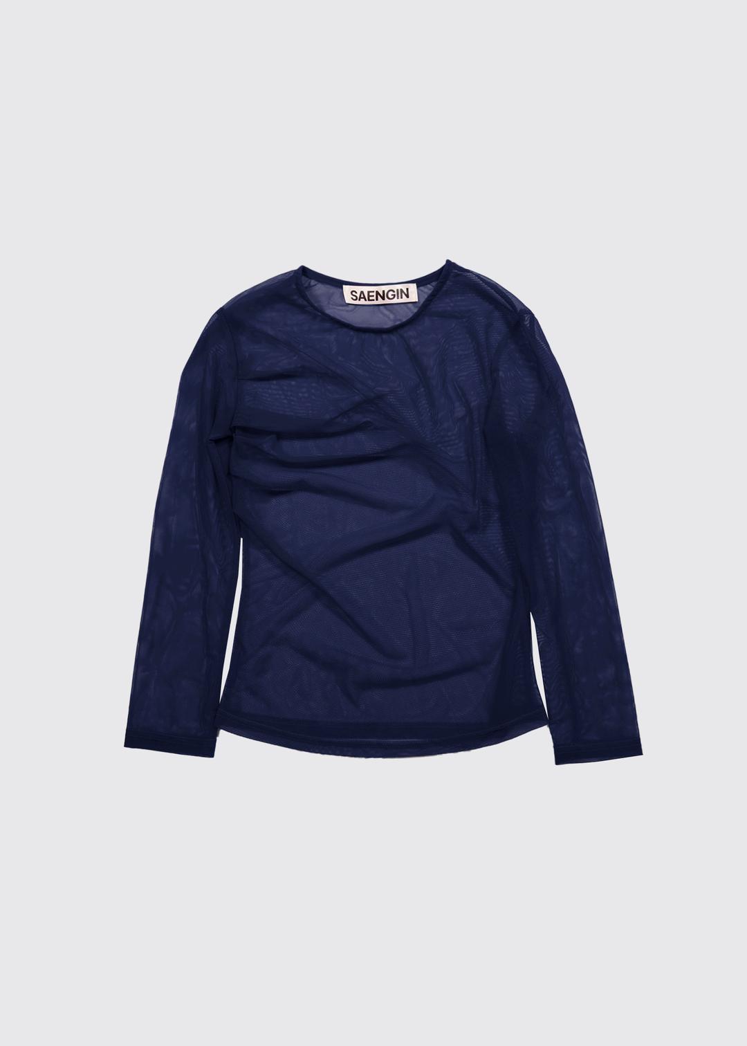 SHIRRING DETAIL TULLE ELBOW-LENGTH SLEEVE - NAVY (TULLE)