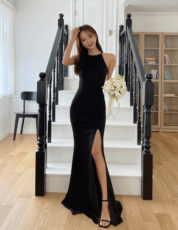 루나 홀터넥 블랙 셀프웨딩 드레스, 브라이덜샤워 트임 롱 피로연 2부 스냅 촬영 원피스