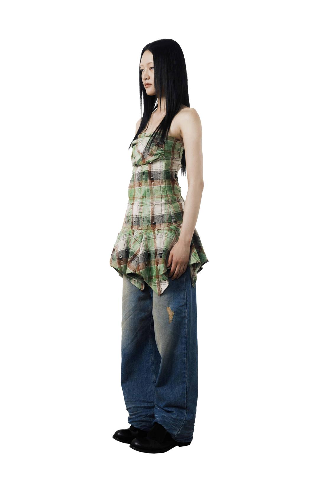 Damaged Check Tube Top Mini Dress