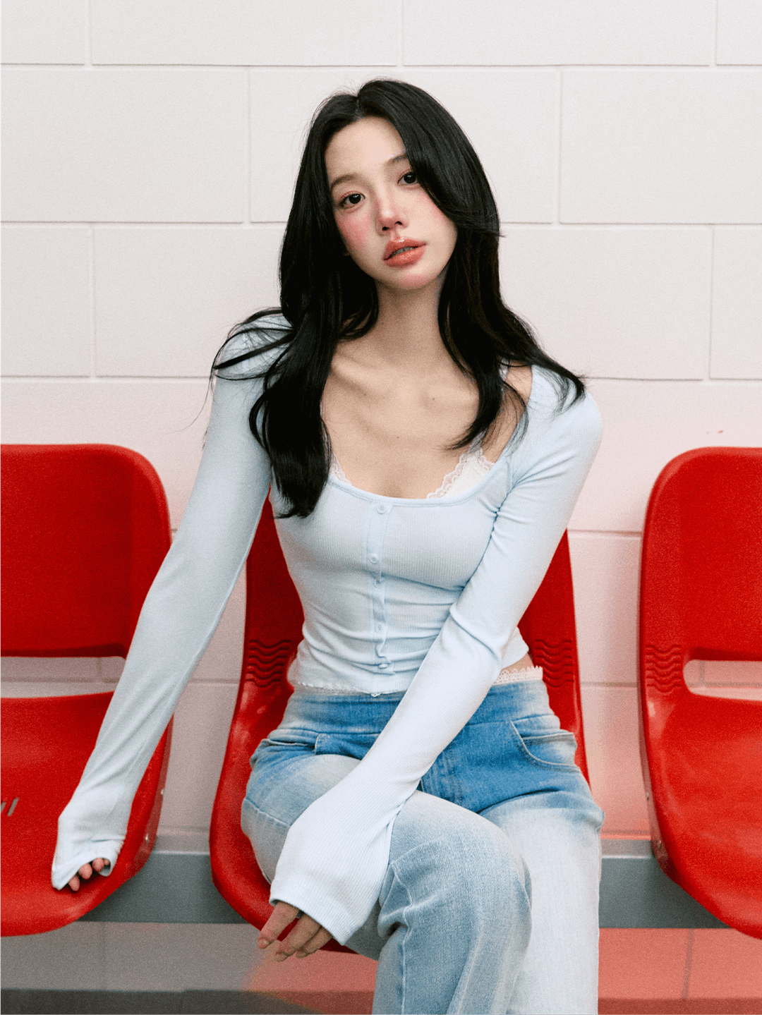[LaLuneDuCiel] Lace Layered Fake Two-piece Long-sleeve