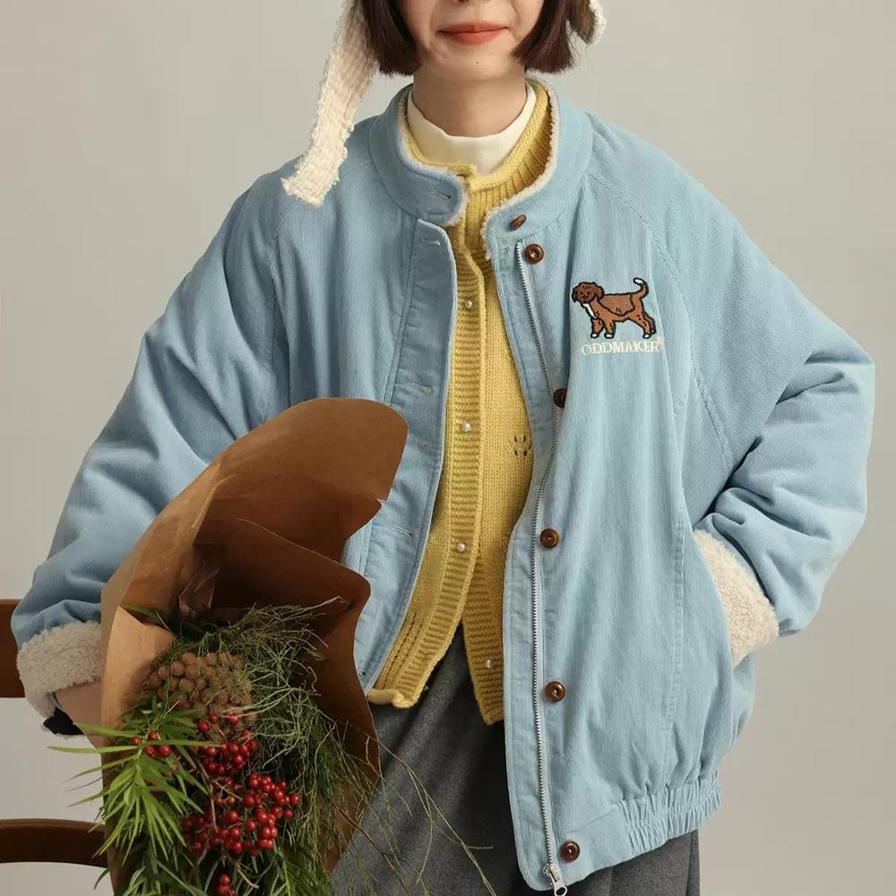 ODD MAKER 여성 코듀로이점퍼 강아지 자수 블루 골덴 코튼 점퍼