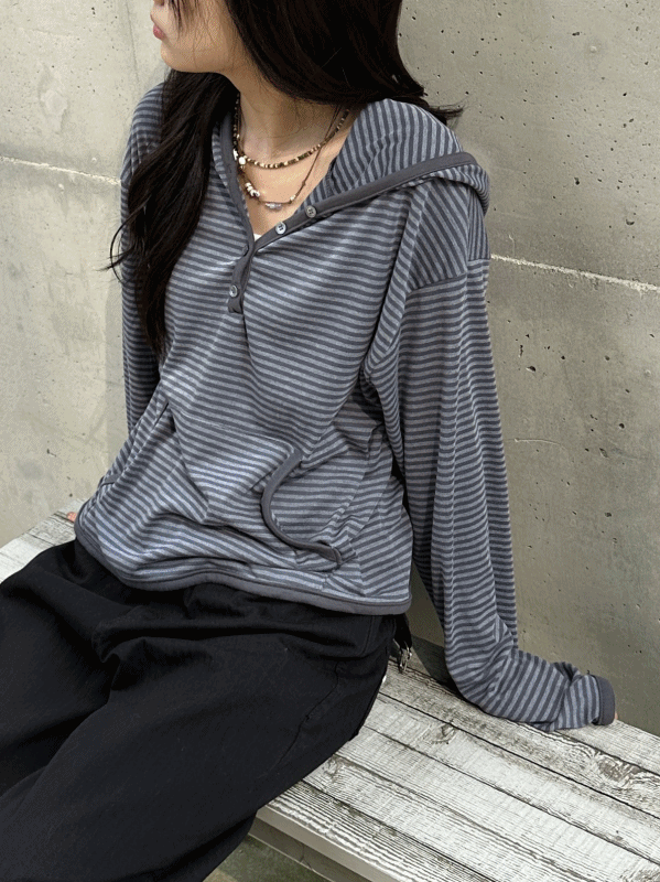 신시 브리즈 버튼 스트라이프 후드티