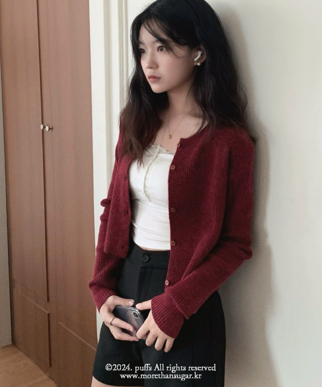 크랜베리 캐시울 골지 세미크롭 가디건 (5color)